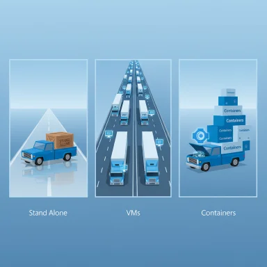 Illustration comparing stand-alone, VMs, and container deployments.