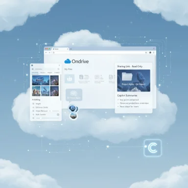 A cloud-based file storage interface floating in a blue sky with UI panels.