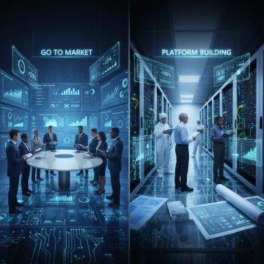 A futuristic split: executives in a holographic data room while engineers build a platform in a server room.