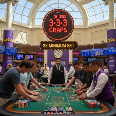 Players bet at a craps table in the Rio casino, overseen by a dealer under a large digital sign.