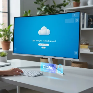 Modern desk setup with a curved monitor showing a Microsoft sign-in screen and floating security icons.