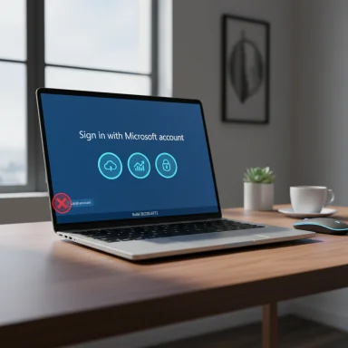 Laptop on a wooden desk displays a Microsoft account sign-in screen with three blue icons.