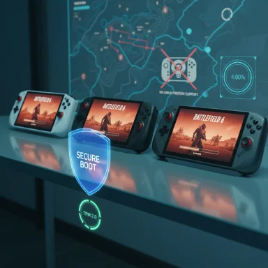 Three handheld consoles display Battlefield 6, with a holographic Secure Boot shield and TPM 2.0 badge.