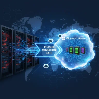 Phased migration gate directs data from on-prem servers to Microsoft Azure cloud.