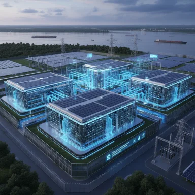Futuristic data center complex with glowing blue circuits and solar roofs on the riverbank.
