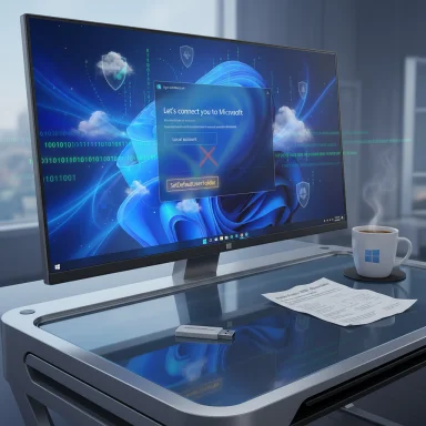 Sleek workspace with a large monitor on a glass desk, USB drive, papers, and a Windows mug.
