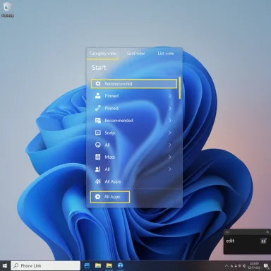 Windows 11 desktop with an open Start Menu over a blue abstract wallpaper.