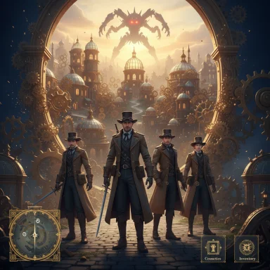 Four Victorian agents stand before a gear-filled steampunk city as a giant clockwork monster looms above.