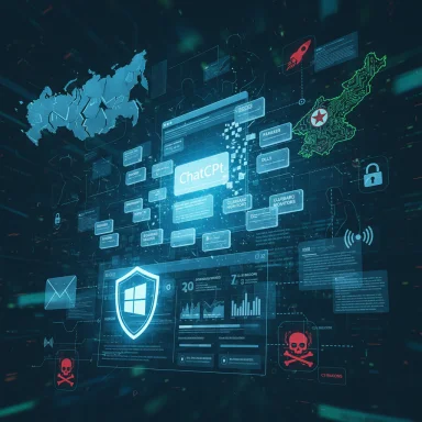 A futuristic digital dashboard with a glowing chat interface amid security icons and holographic data.