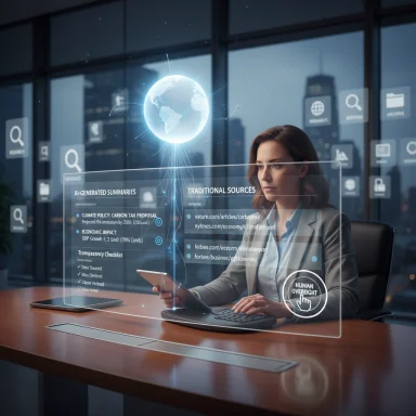 A woman sits at a desk, using holographic AI dashboards and a globe projection.