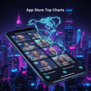 Smartphone shows App Store Top Charts with AI-generated profiles over a neon cityscape.