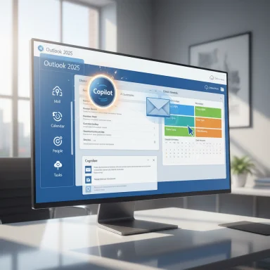 A sleek monitor on a clean desk shows a futuristic Outlook 2025 interface with Copilot.