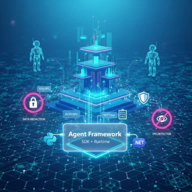 Futuristic agent framework with holographic servers and security/data-protection icons.