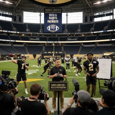 Saints football practice in a stadium, with players, reporters, and a coach at the podium.