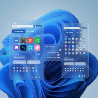 Two translucent app screens float over a blue abstract background.