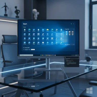 Modern office setup with a large monitor showing Windows Start screen on a glass desk.