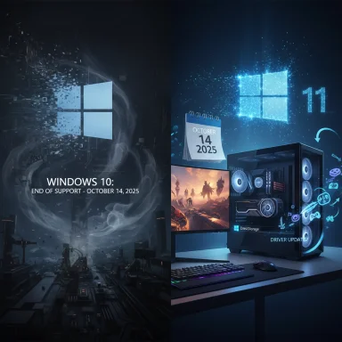 Split-screen: Windows 10 end of support Oct 14, 2025 beside Windows 11 PC setup.