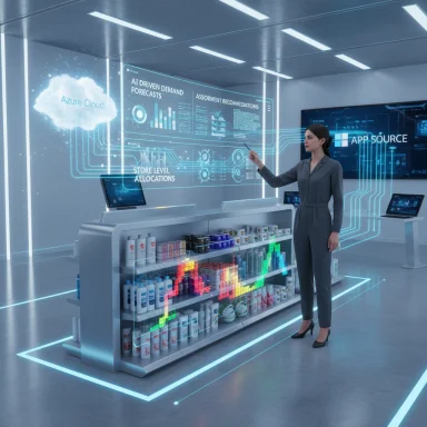 A woman uses holographic AI dashboards to manage inventory in a futuristic store.