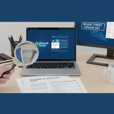 Desk workspace with a laptop showing Microsoft Partner, a magnifying glass, and a Statement of Work document.