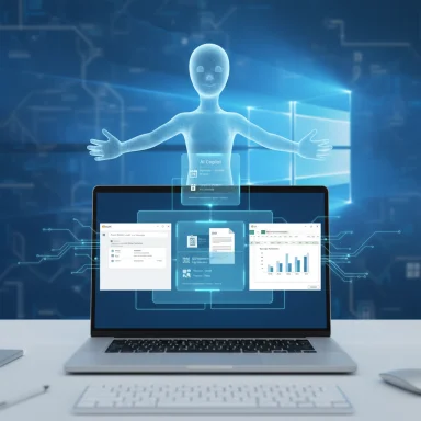 A blue holographic AI Copilot figure hovers above a laptop with floating dashboards.