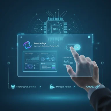 A futuristic holographic dashboard showing feature flags as a hand toggles the On switch.