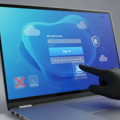 A gloved finger points at a Microsoft account login screen on a laptop.