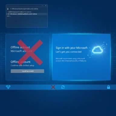 Windows 8-style sign-in screen offering a Local (offline) account and a Microsoft account option.