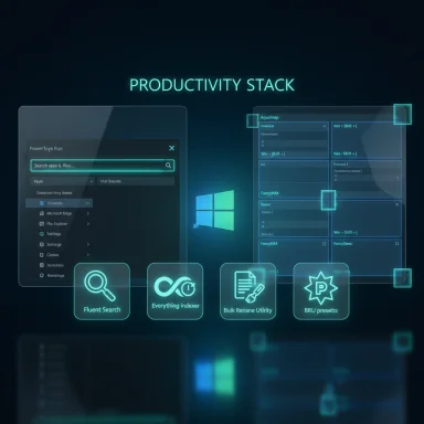 A neon-blue, futuristic UI titled Productivity Stack with Windows-style panels and tools.