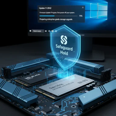 A glowing Safaguard Hold shield hovers over a computer motherboard.