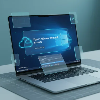 Laptop shows Windows sign-in with Microsoft account, surrounded by holographic UI panels. Laptop shows Windows sign-in with Microsoft account, surrounded by holographic UI panels.