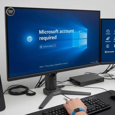 Desk setup with a large monitor showing a Windows “Microsoft account required” sign-in screen.