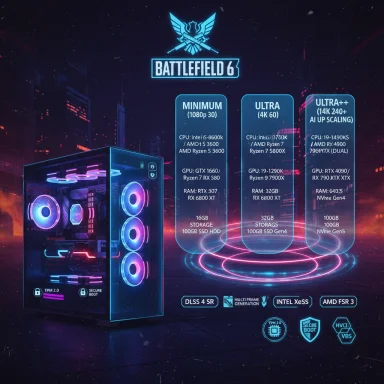 Neon Battlefield 6 promo infographic displaying min/ultra/ultra++ PC specs beside a glowing gaming rig.