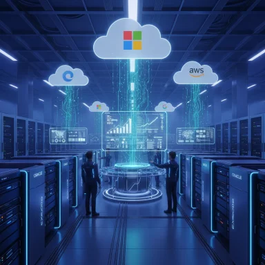A futuristic data center with cloud icons and holographic analytics around a central control hub.
