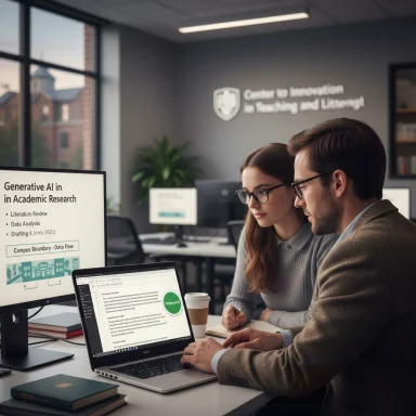 Two researchers review AI research slides at a modern campus lab.