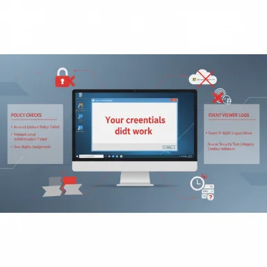 A computer screen displays a 'credentials didn't work' error, flanked by policy checks and event logs.