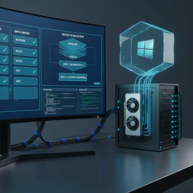 Futuristic workstation with a holographic Windows cube, a blue-lit server, and a virtualization diagram on screen.
