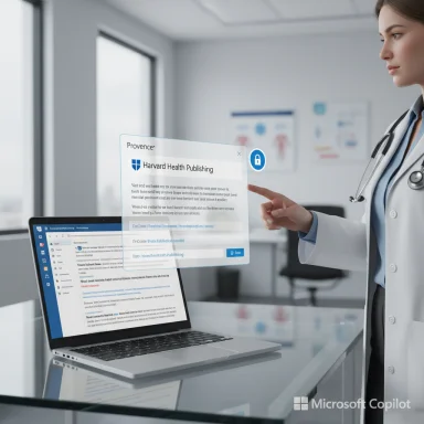 A doctor in a white coat points at a floating Harvard Health Publishing interface above a laptop.
