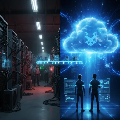 A data center connects to a glowing blue cloud AI network, bridging servers and futuristic dashboards.