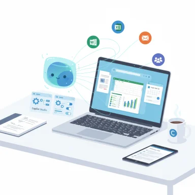 Laptop dashboard with charts and a friendly AI bot, connected to Word, Excel, and email apps.