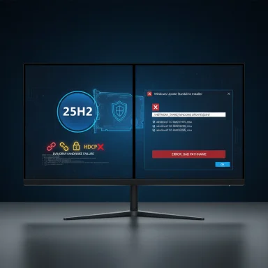 A dual-monitor setup shows a tech-themed wallpaper with a Windows Update error dialog.
