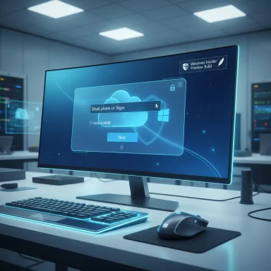 Futuristic desk setup with a glowing blue keyboard and a large monitor displaying a Windows login screen.