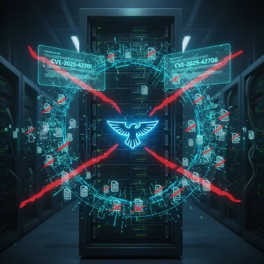 Neon holographic cyber shield surrounds a server rack, displaying CVE-2025-42701 and CVE-2025-42706.