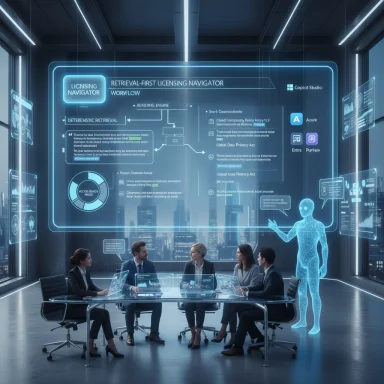 Futuristic conference room with holographic blue displays and a hologram presenter.
