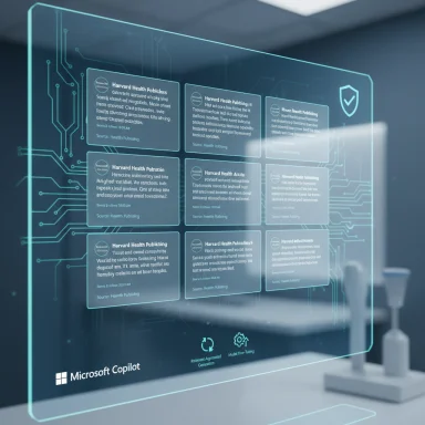 Translucent holographic display showing health data cards and a Microsoft Copilot logo.