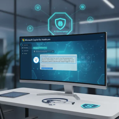 Medical desk with a monitor showing AI governance software and blue holographic icons.