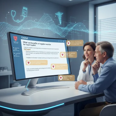 Two clinicians review AI-assisted medical notes on a large screen in a futuristic clinic.