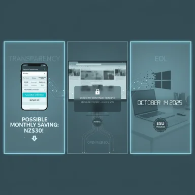 A neon three-panel infographic about transparency, locked content, and an EOL date. A neon three-panel infographic about transparency, locked content, and an EOL date.