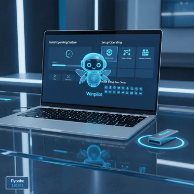 A futuristic laptop displays a blue holographic robot mascot with OS setup screens.