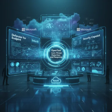 Futuristic holographic Microsoft security dashboard with threat detection and Azure cloud.