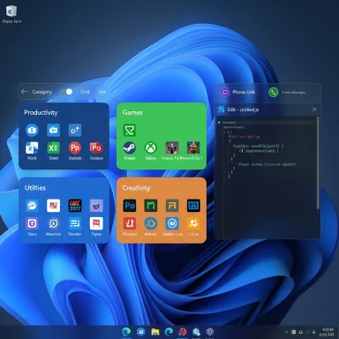 Windows-style desktop with bright, rounded app tiles floating over a blue abstract wallpaper.